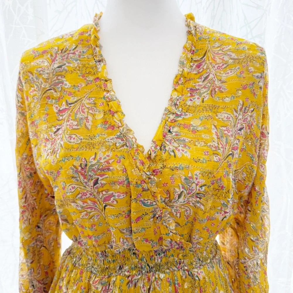 THE KOOPLES FEUILLE D’OR SILK FLORAL METALLIC GOLD YELLOW LONG SLEEVE MINI DRESS - Picture 4 of 15
